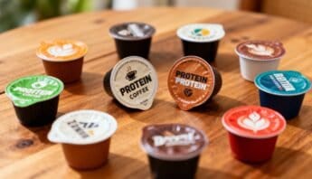Protein coffee capsules on wooden table with coffee cups, promoting healthy energy drinks and nutritional supplements for fitness enthusiasts and health-conscious individuals.