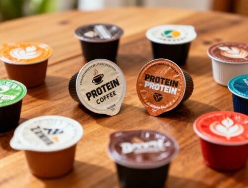 Protein coffee capsules on wooden table with coffee cups, promoting healthy energy drinks and nutritional supplements for fitness enthusiasts and health-conscious individuals.
