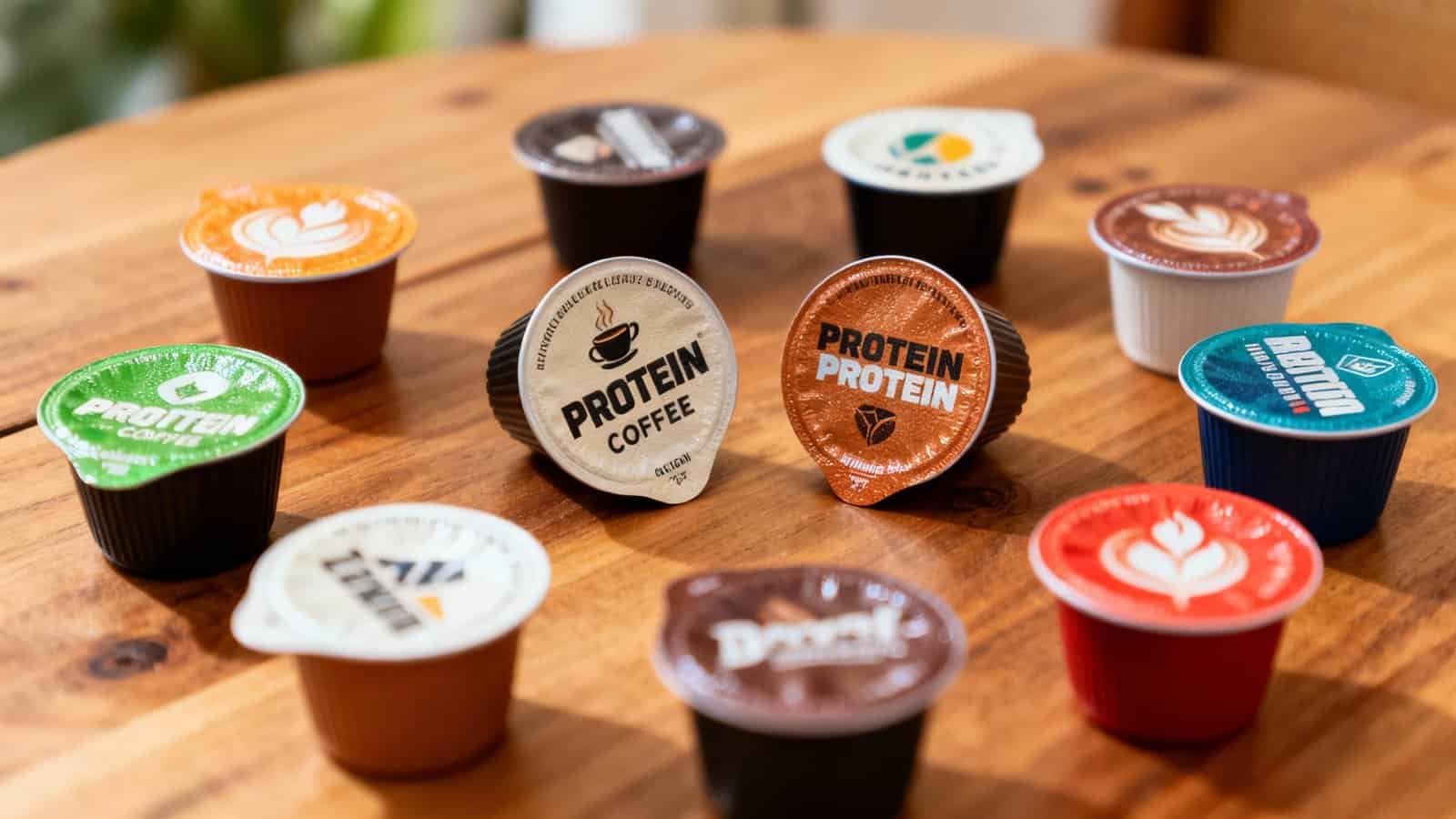Protein coffee capsules on wooden table with coffee cups, promoting healthy energy drinks and nutritional supplements for fitness enthusiasts and health-conscious individuals.