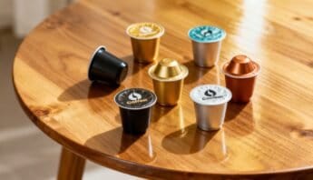 Protein Coffee Pods Top Brands Taste Tests, and Nutrition 14 Assorted coffee capsules on a wooden table, showcasing a variety of flavors and colors.