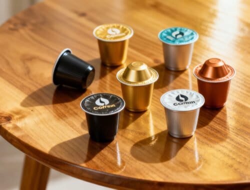 Assorted coffee capsules on a wooden table, showcasing a variety of flavors and colors.