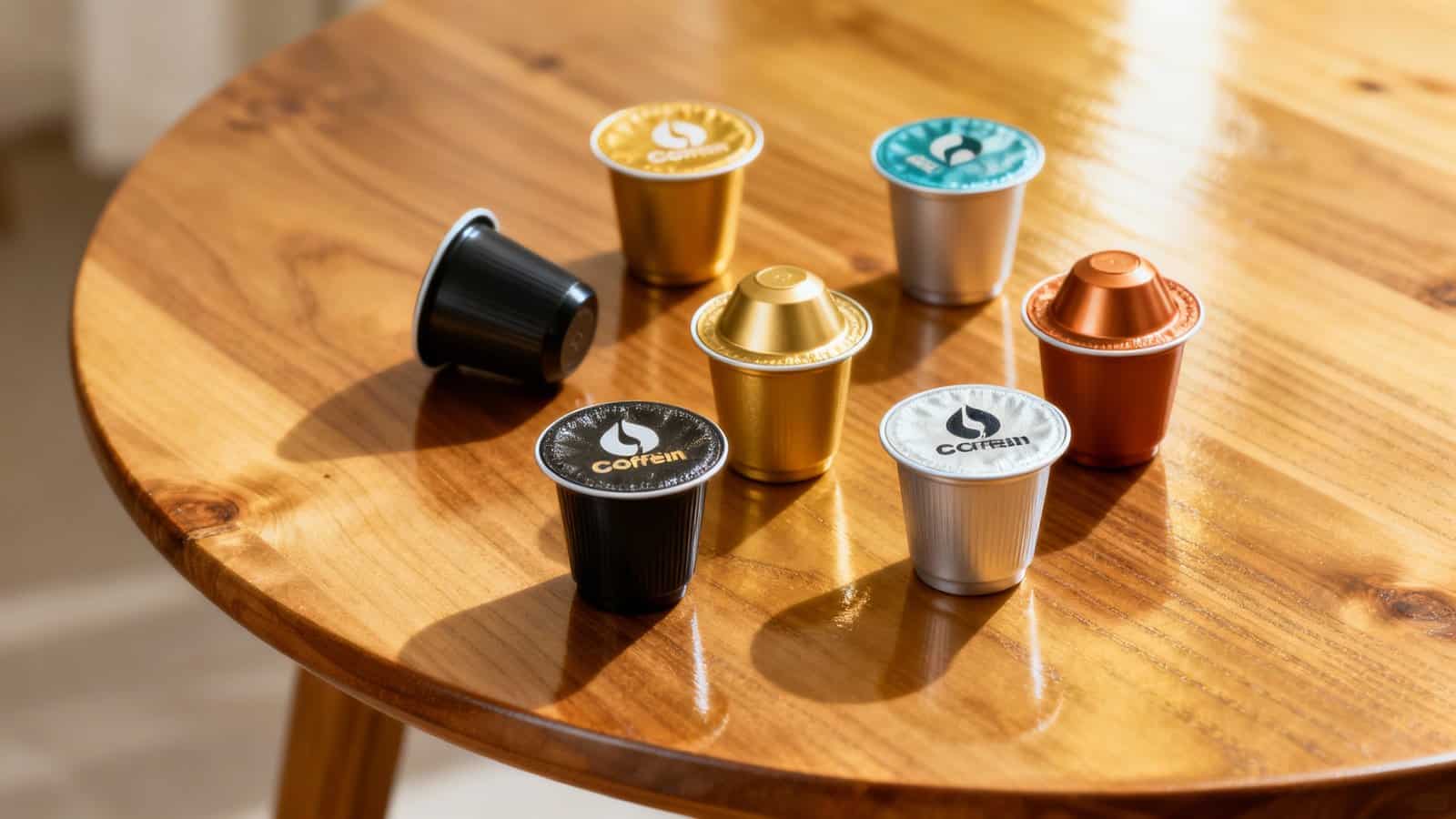 Assorted coffee capsules on a wooden table, showcasing a variety of flavors and colors.
