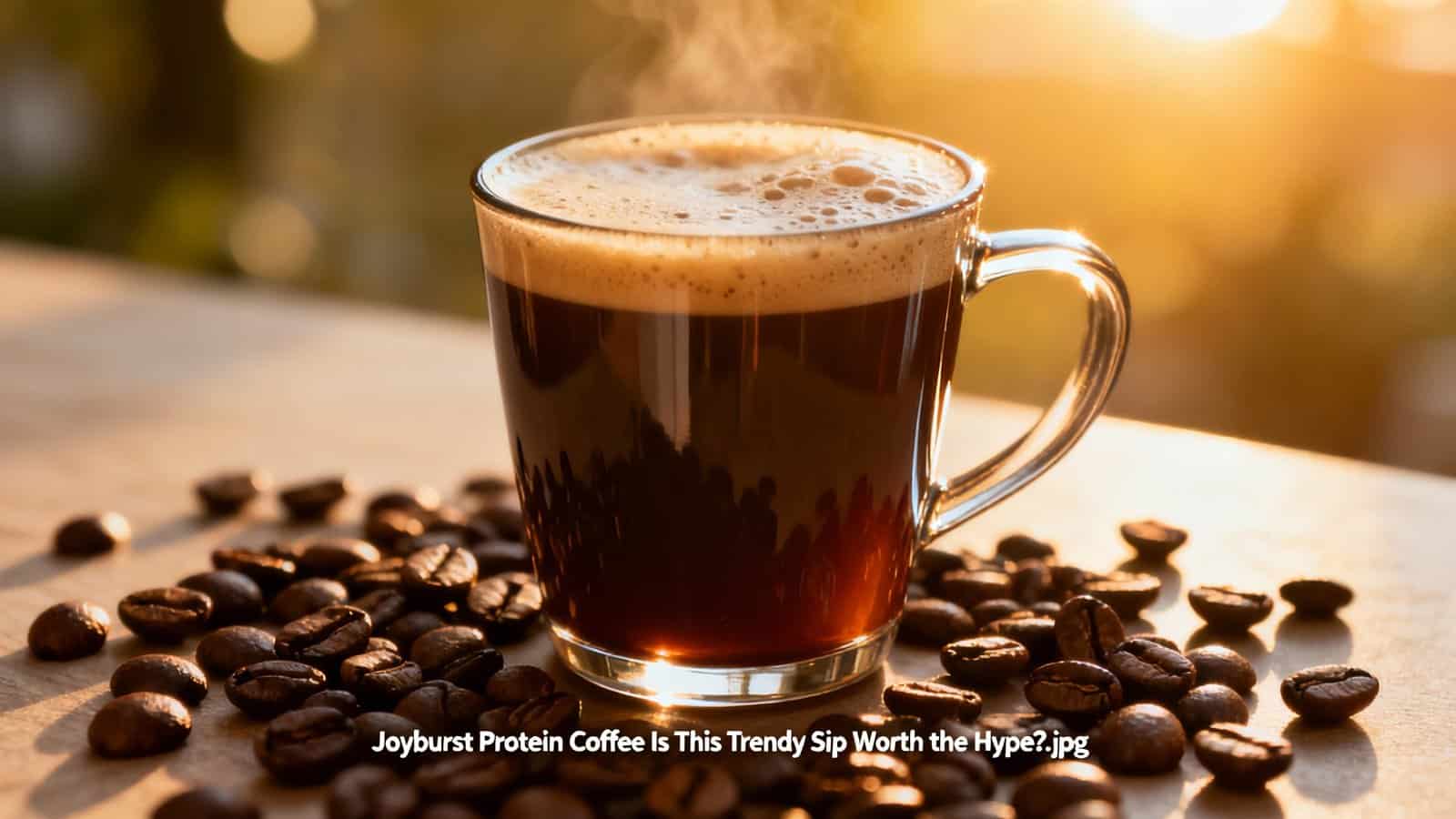 Coffee beverage with foam in glass mug surrounded by coffee beans on wooden surface at sunset.