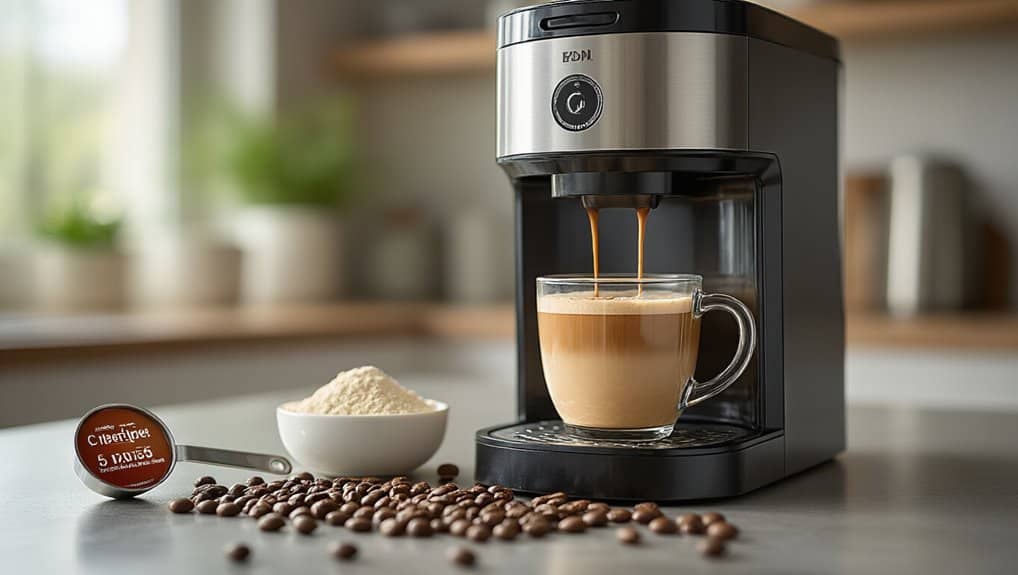 Breville coffee machine brewing a rich coffee into a glass mug with coffee beans, a bowl of protein powder, and a coffee capsule on a kitchen countertop.