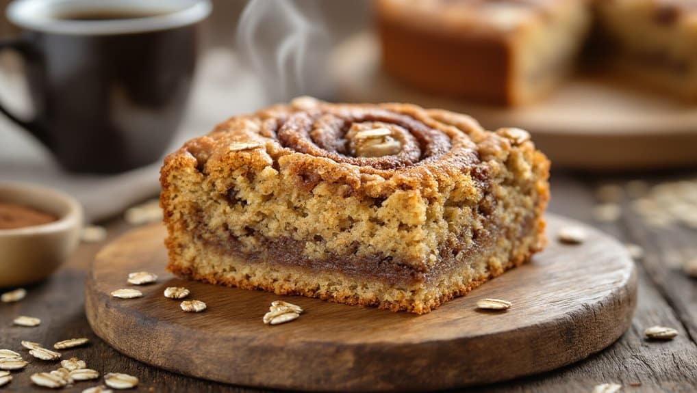 Crumbly cinnamon roll oatmeal cake on a rustic wooden board with oats scattered around, perfect for breakfast or dessert.