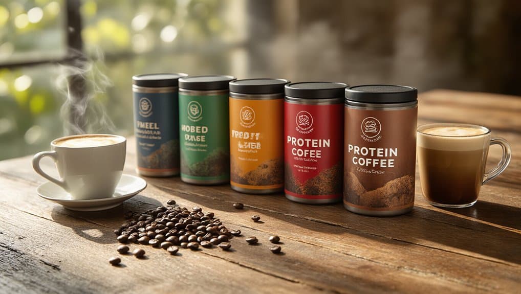 Boosted coffee supplements with labeled cans, fresh coffee beans, and brewed coffee cups on wooden surface outdoor setting, healthy energy drinks, fitness nutrition, protein coffee options, natural lifestyle imagery.
