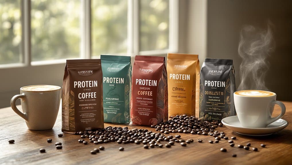 Rich coffee beans, protein coffee bags, and steaming cups on a wooden table showcase healthy coffee options for fitness enthusiasts and health-conscious individuals.