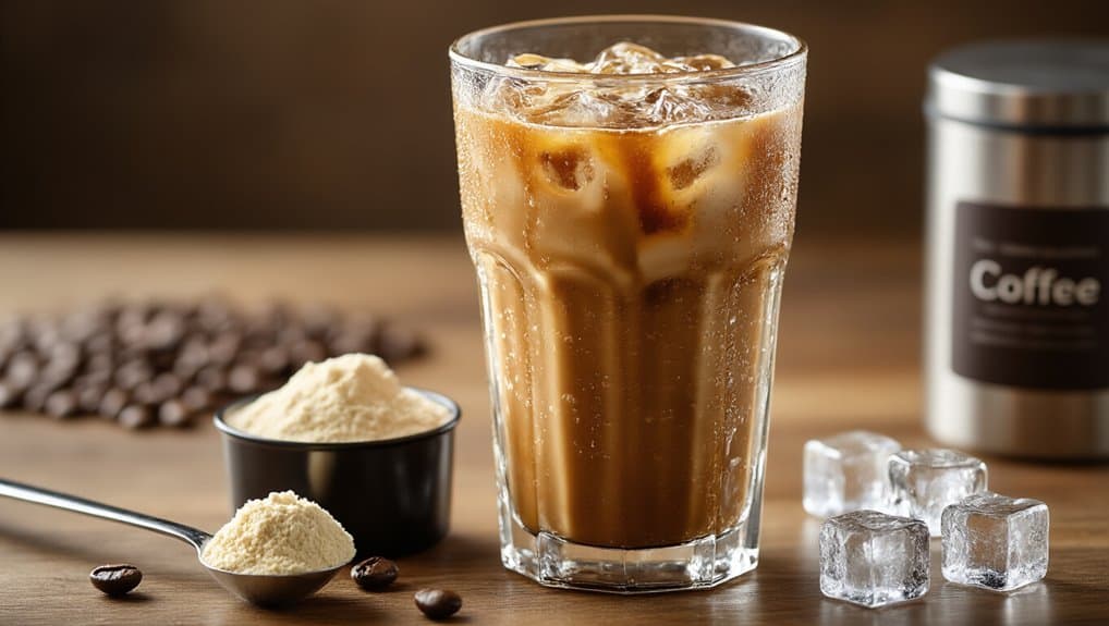 Creamy iced coffee served in a glass with ice cubes, surrounded by coffee beans, powder, and a coffee container; perfect for coffee lovers.