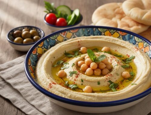 Vegan hummus with olive oil, chickpeas, fresh herbs, and pita bread on a rustic wooden table for healthy eating and Mediterranean cuisine.