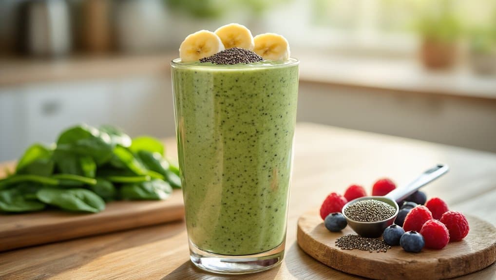 Creamy green smoothie with banana slices and chia seeds, surrounded by fresh berries and spinach, on a wooden table in a bright kitchen for healthy eating.