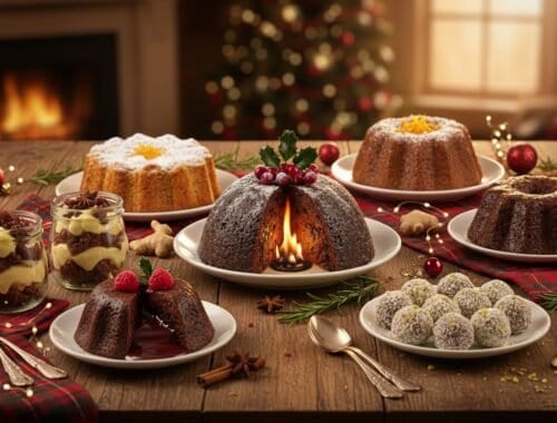 Brightly lit room with a cozy fireplace, decorated Christmas tree, and an array of holiday cakes, chocolates, and treats for celebration.