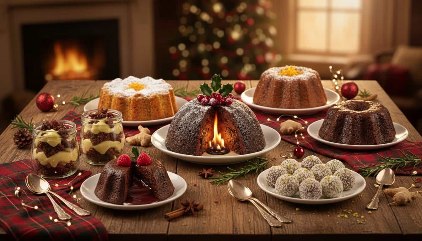 Brightly lit room with a cozy fireplace, decorated Christmas tree, and an array of holiday cakes, chocolates, and treats for celebration.