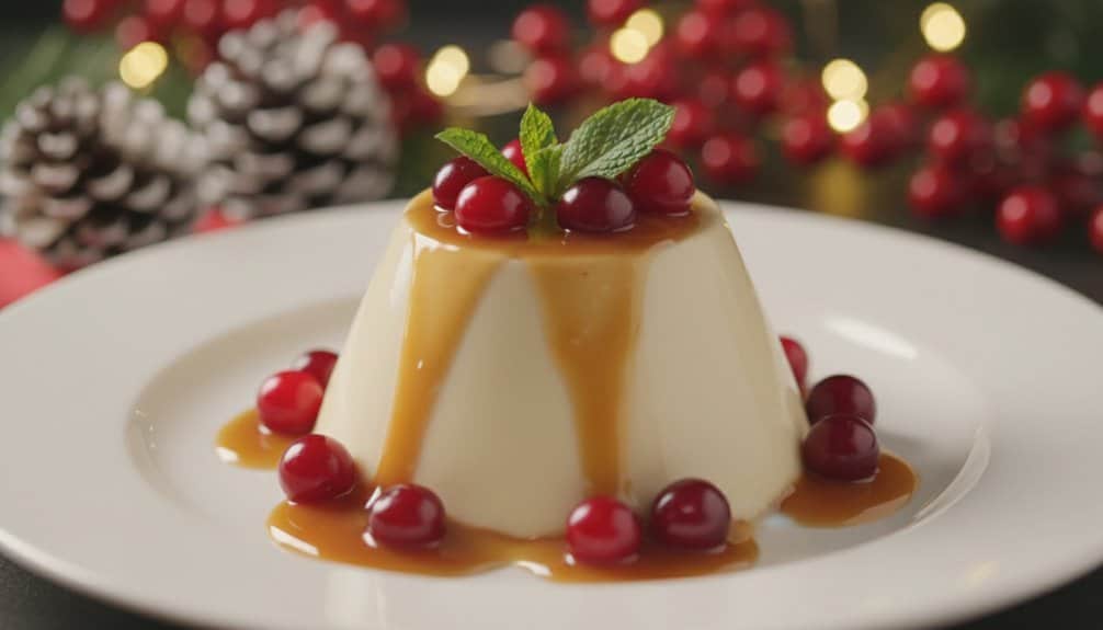 Creamy pudding garnished with fresh mint, topped with cherries and drizzled with caramel sauce.
