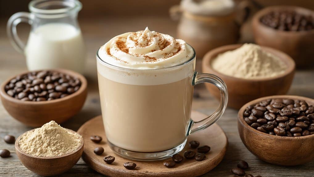Creamy coffee beverage topped with whipped cream and cinnamon, surrounded by bowls of coffee beans, flour, and milk on a rustic wooden table. Perfect for coffee lovers and fitness enthusiasts seeking healthier indulgence options.
