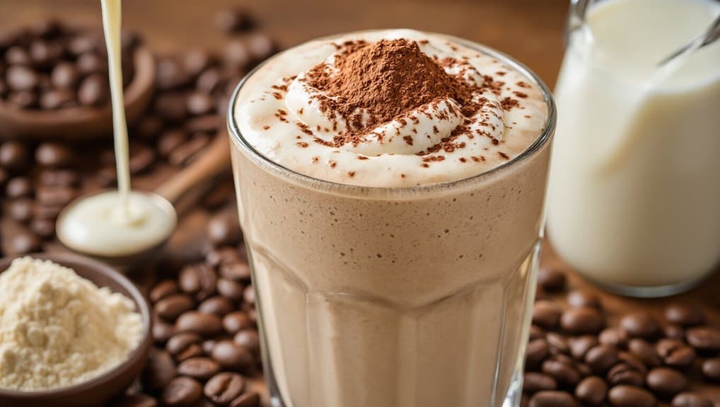 Creamy espresso coffee drink topped with whipped cream and cocoa powder, served in a glass with coffee beans and milk in the background.