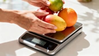 How to Calculate Your Daily Calories Count in Minutes 15 Healthy fruits like mangoes, oranges, apples, and limes placed on a digital scale emphasizing nutrition and wellness.