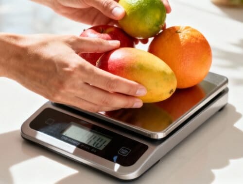 Healthy fruits like mangoes, oranges, apples, and limes placed on a digital scale emphasizing nutrition and wellness.