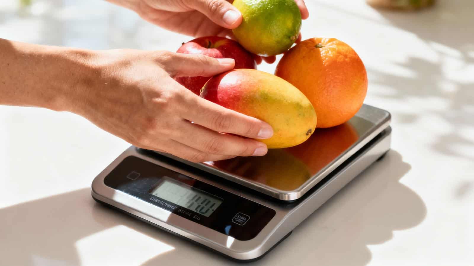 Healthy fruits like mangoes, oranges, apples, and limes placed on a digital scale emphasizing nutrition and wellness.