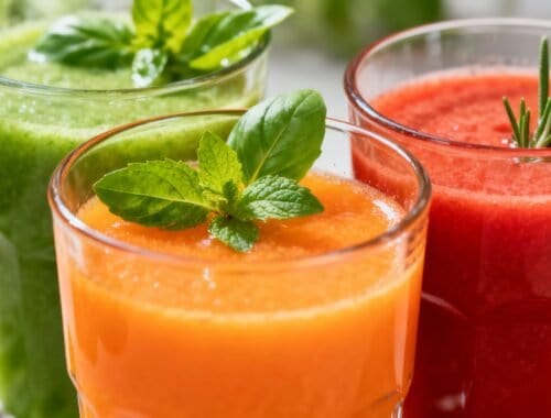 Fresh green, orange, and red vegetable and fruit smoothies with herbs in transparent glasses for healthy nutrition and wellness.