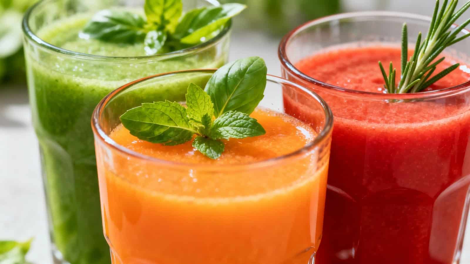 Fresh green, orange, and red vegetable and fruit smoothies with herbs in transparent glasses for healthy nutrition and wellness.