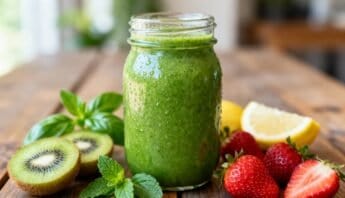 Refreshing green smoothie with fresh kiwi, strawberries, lemon, and mint on wooden surface.