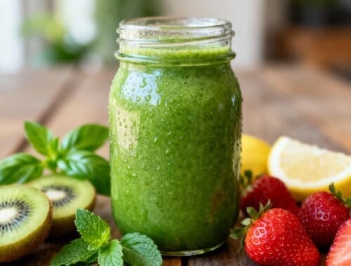 Refreshing green smoothie with fresh kiwi, strawberries, lemon, and mint on wooden surface.