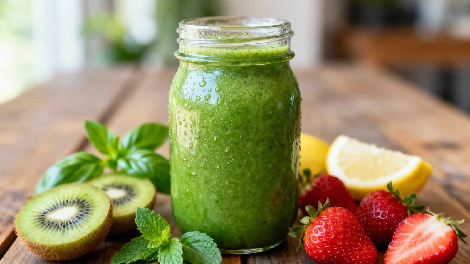 Refreshing green smoothie with fresh kiwi, strawberries, lemon, and mint on wooden surface.