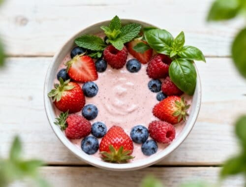 Fresh mixed berry smoothie bowl topped with strawberries, blueberries, raspberries, and fresh mint leaves on a light wooden surface.