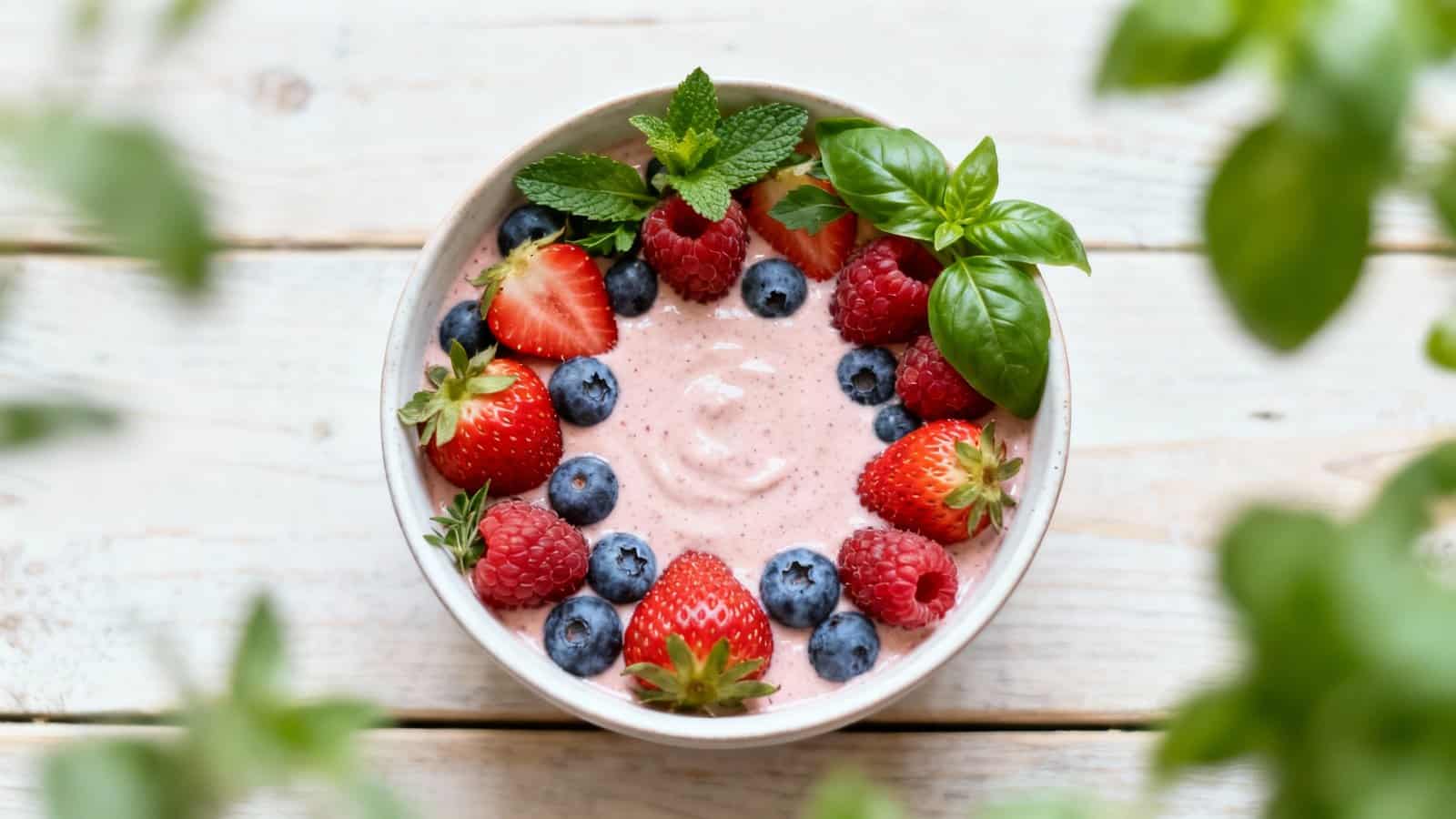 Fresh mixed berry smoothie bowl topped with strawberries, blueberries, raspberries, and fresh mint leaves on a light wooden surface.