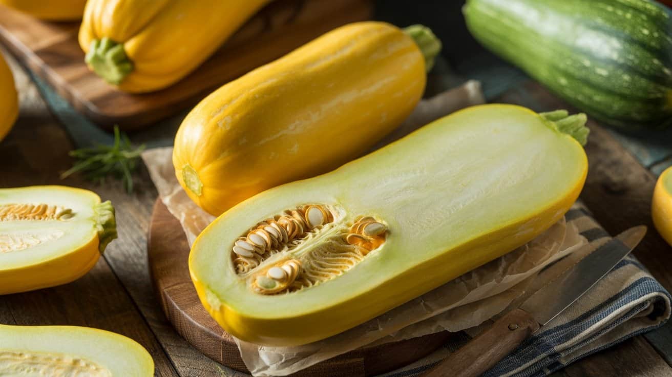 Fresh yellow zucchini cut in half showing seeds, with whole zucchini beside it, on a rustic wooden surface for healthy eating and culinary inspiration.