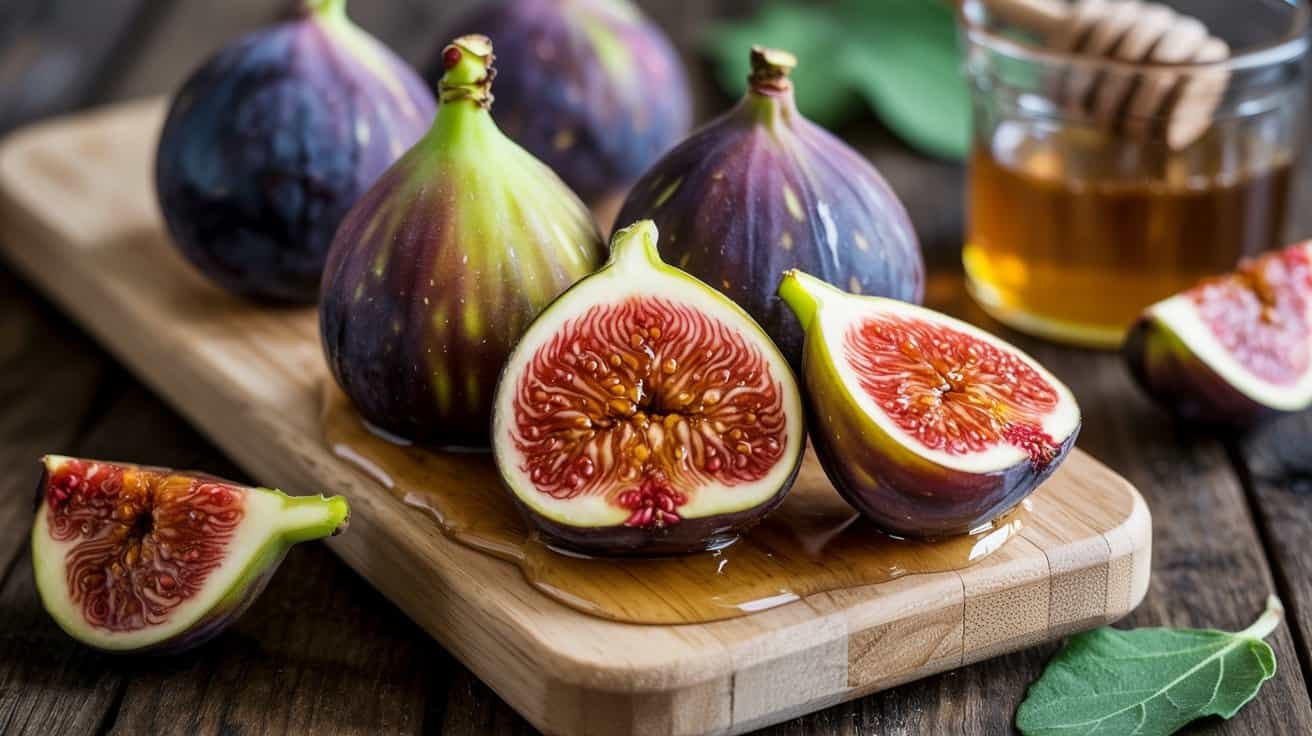 Fresh figs on a wooden cutting board, with honey and a glass of tea, promoting healthy snacking and natural nutrition.