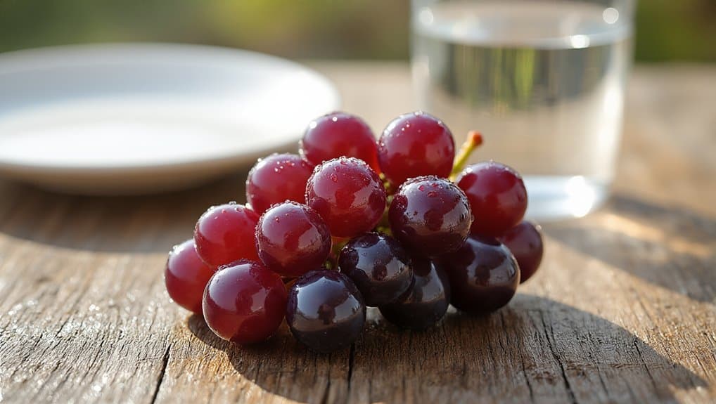 Red and black grapes on a rustic wooden surface with a glass of water and a white plate in the background, highlighting healthy eating and hydration.