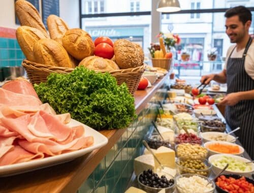 Fresh bakery bread, leafy greens, lean meats, and colorful salads for health-conscious consumers.