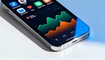 Smartphone fitness tracking app displaying health data and sleep patterns on screen.