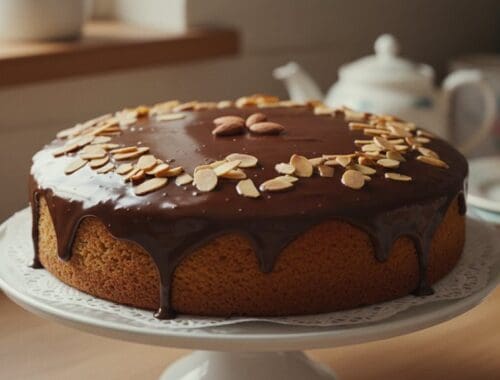 Indulgent chocolate cake topped with almond slices and glossy ganache, perfect for celebrations or anytime sweet craving strikes.