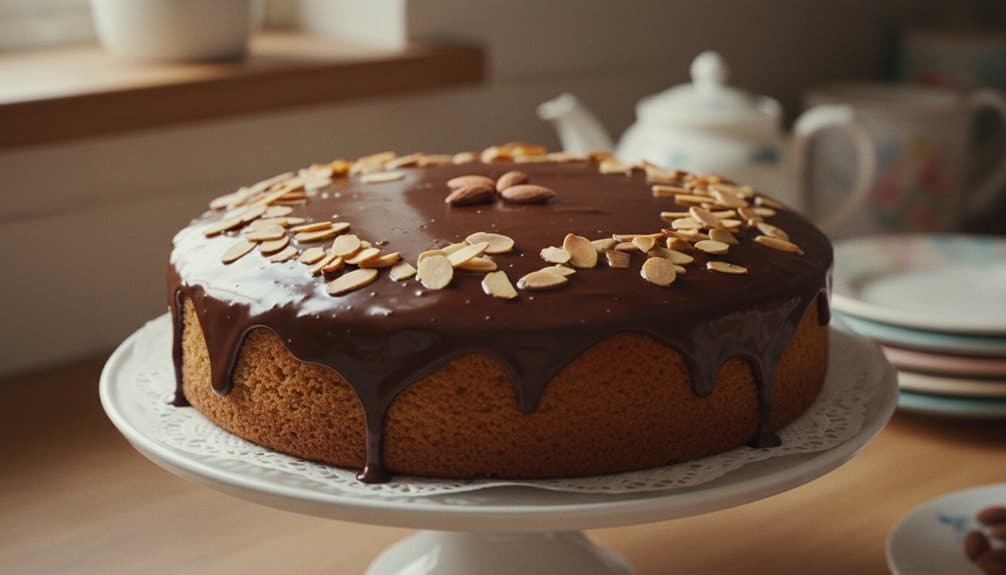 Indulgent chocolate cake topped with almond slices and glossy ganache, perfect for celebrations or anytime sweet craving strikes.