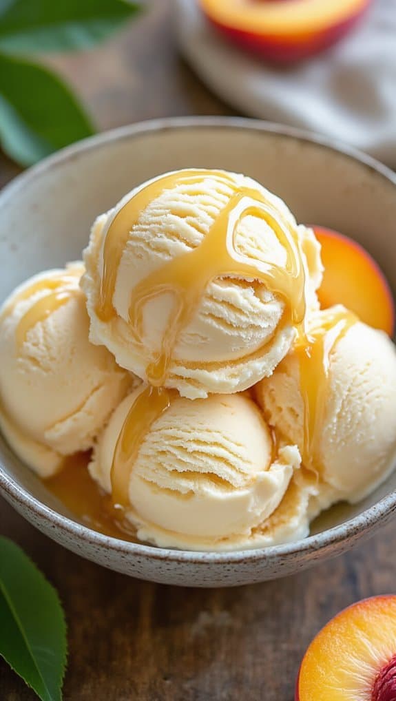 Vanilla ice cream scoops drizzled with peach syrup in a rustic bowl, with fresh peaches and green leaves in the background, highlighting a delightful summer dessert.