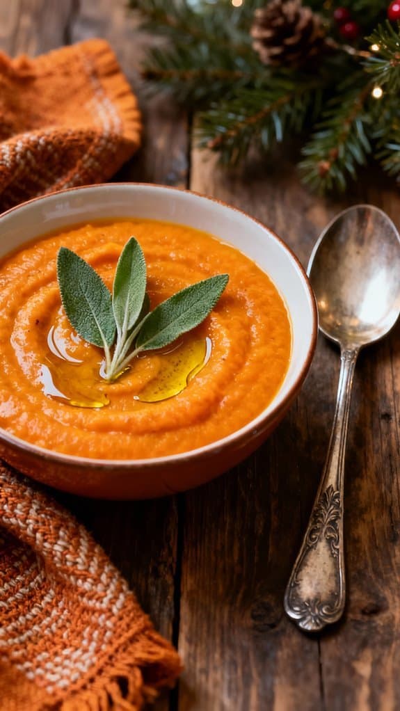30 Christmas Starter Ideas to Wow Your Guests 2 Delicious pumpkin soup garnished with fresh sage leaves, drizzled with olive oil, served in a rustic white bowl on a wooden table, perfect for healthy, comforting holiday meals.