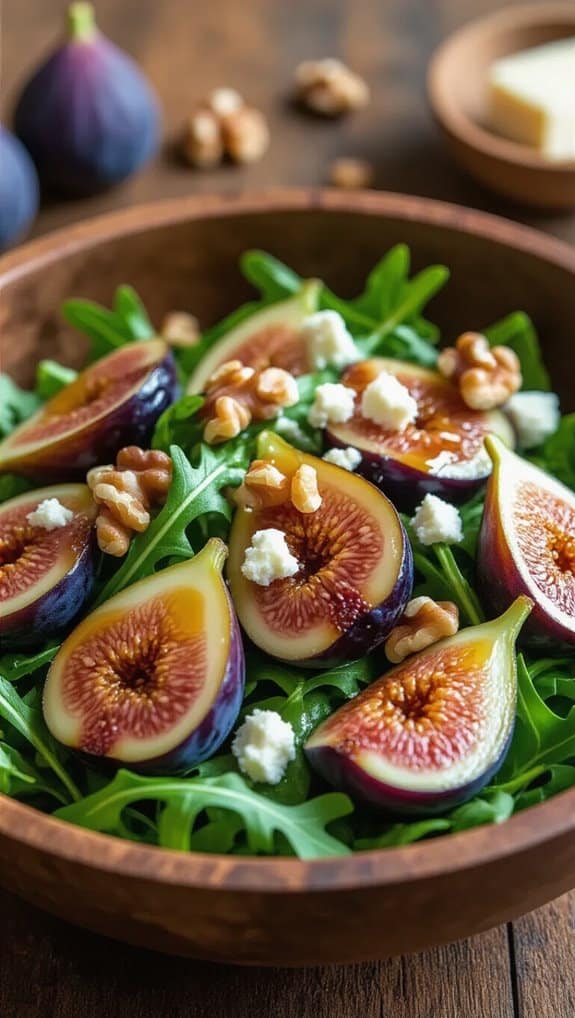 Fresh fig and arugula salad with walnuts and crumbled cheese in a wooden bowl, healthy nutritious meal option.