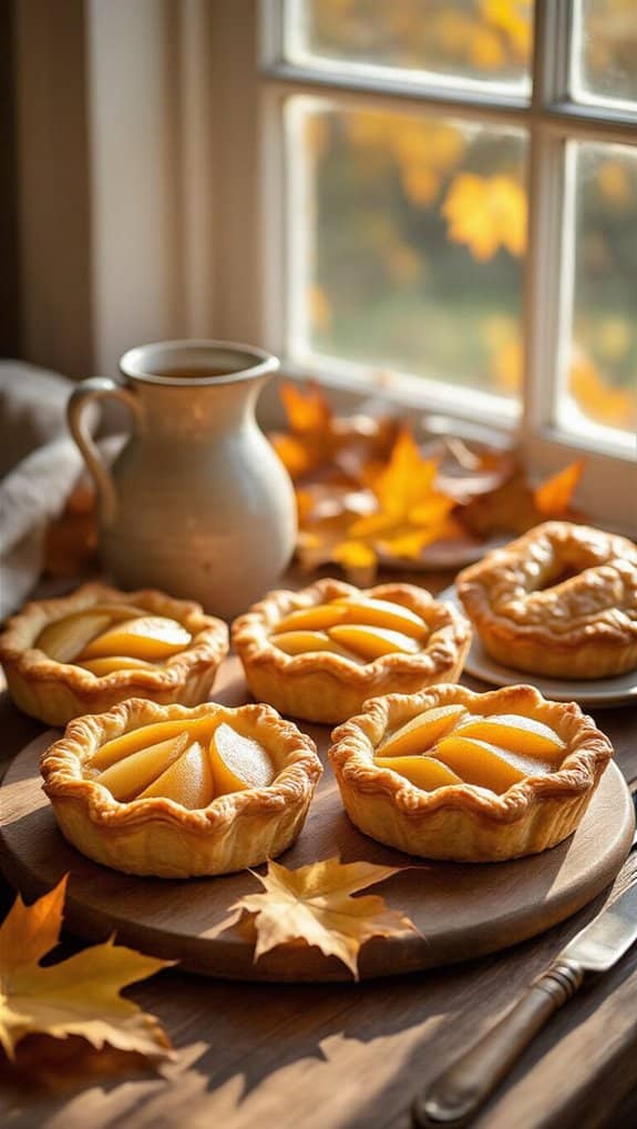 Golden apple pies with autumn leaves on a rustic wooden table near a window, creating a cozy fall ambiance, perfect for enjoying seasonal desserts at home.
