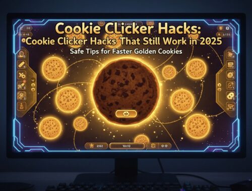 A digital screen displaying cookie clicker game tips in a sci-fi style design, highlighting strategies for faster cookies in 2025.