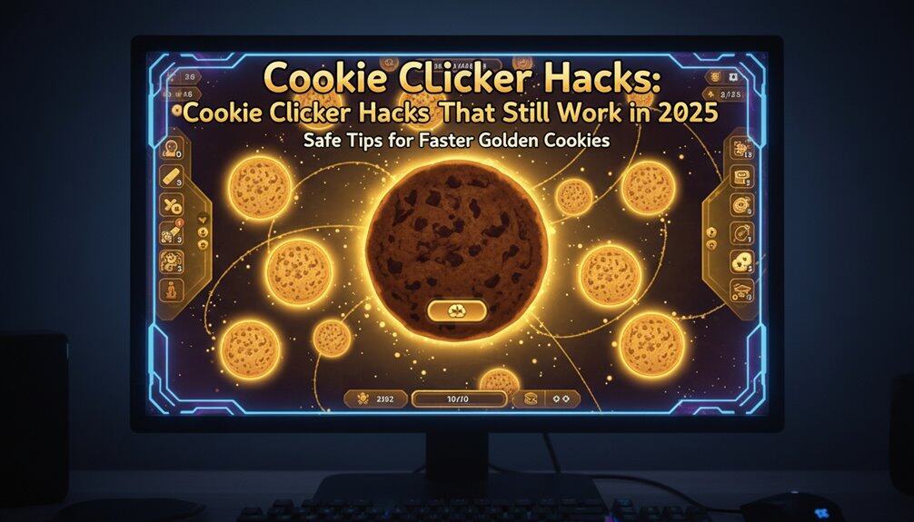 A digital screen displaying cookie clicker game tips in a sci-fi style design, highlighting strategies for faster cookies in 2025.