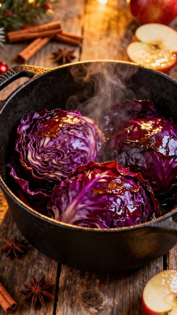Sweet and Tangy Red Cabbage for Christmas Make-Ahead Friendly 2 Delicious roasted purple cabbage with caramelized edges, seasoned with herbs and spices, steaming in a skillet over a rustic wooden table amid festive spices and sliced apples.