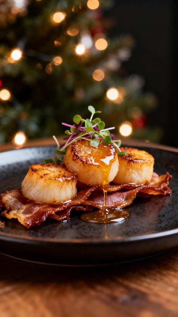 30 Christmas Starter Ideas to Wow Your Guests 3 Delicious eggs Benedict topped with microgreens and drizzled with honey placed on crispy bacon, served on a black plate.