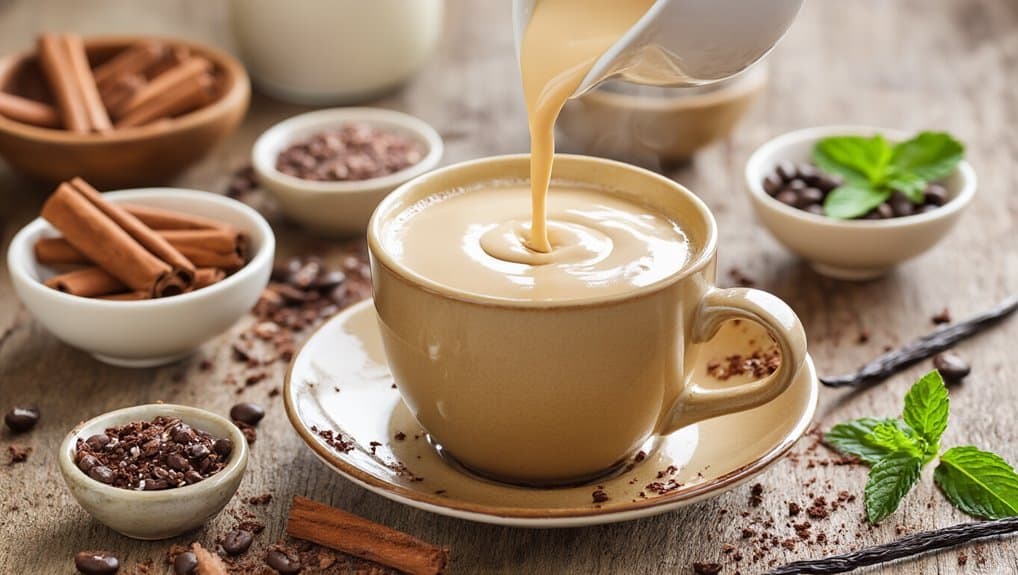 Creamy hot chocolate being poured into a mug, surrounded by cinnamon sticks, cocoa nibs, chocolate chips, and fresh mint, perfect for cozy winter drinks and boosting mood in health and fitness routines.