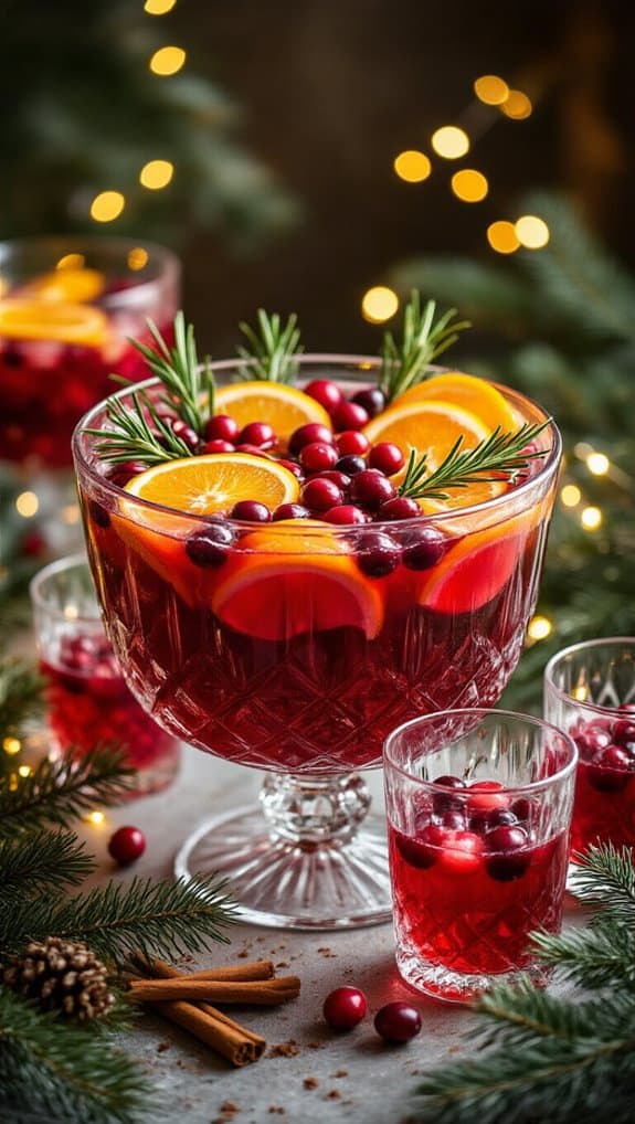 Festive red holiday punch garnished with orange slices, cranberries, and rosemary sprigs on a holiday decorated table, perfect for Christmas celebrations.