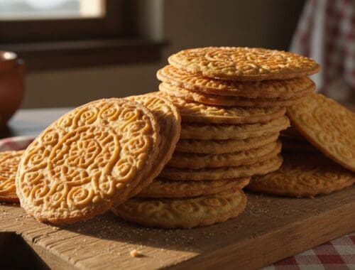 A stack of traditional cookies with intricate patterns, resting on a rustic wooden surface, presented for a wholesome treat.