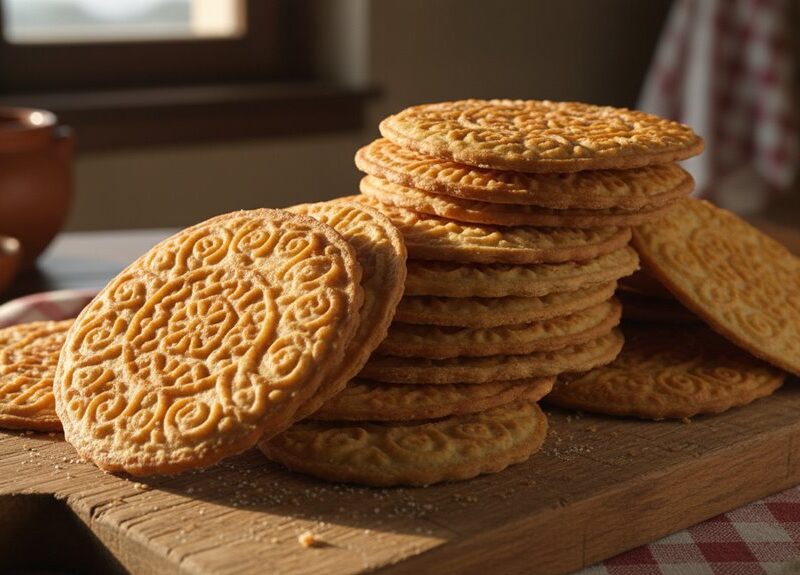 A stack of traditional cookies with intricate patterns, resting on a rustic wooden surface, presented for a wholesome treat.
