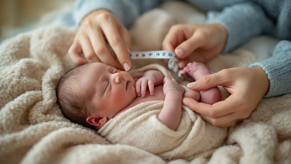 Soft baby wrapped in a blanket being measured with a tape by caring hands, emphasizing health monitoring and infant care.