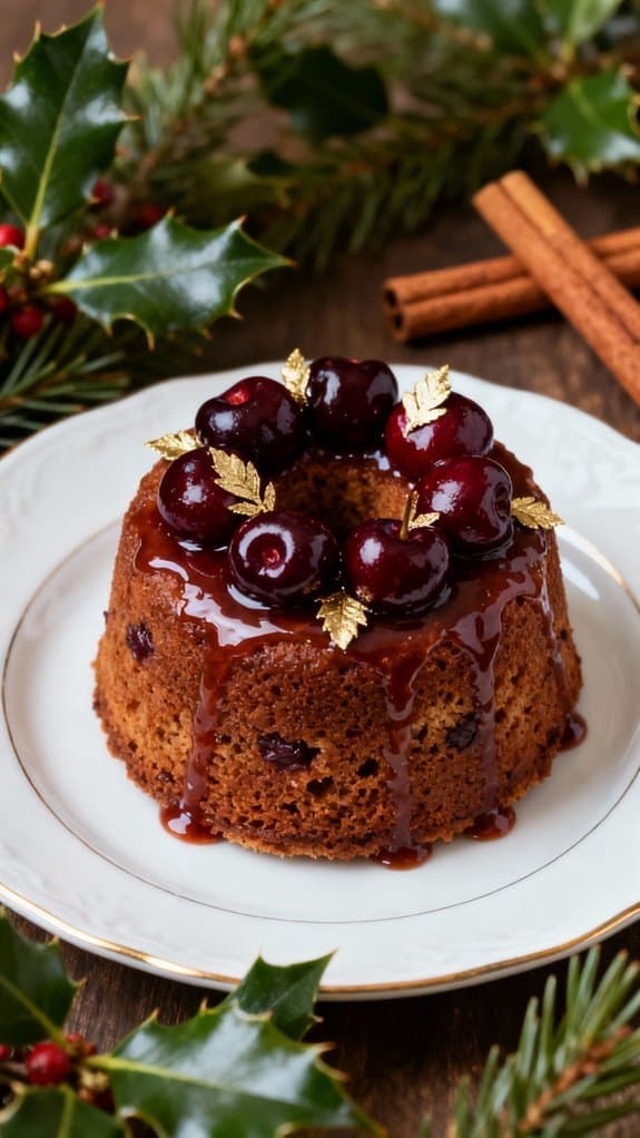 Delicious festive Christmas pudding topped with cherries, gold leaves, and drizzled with caramel sauce on a holiday-themed table setting.